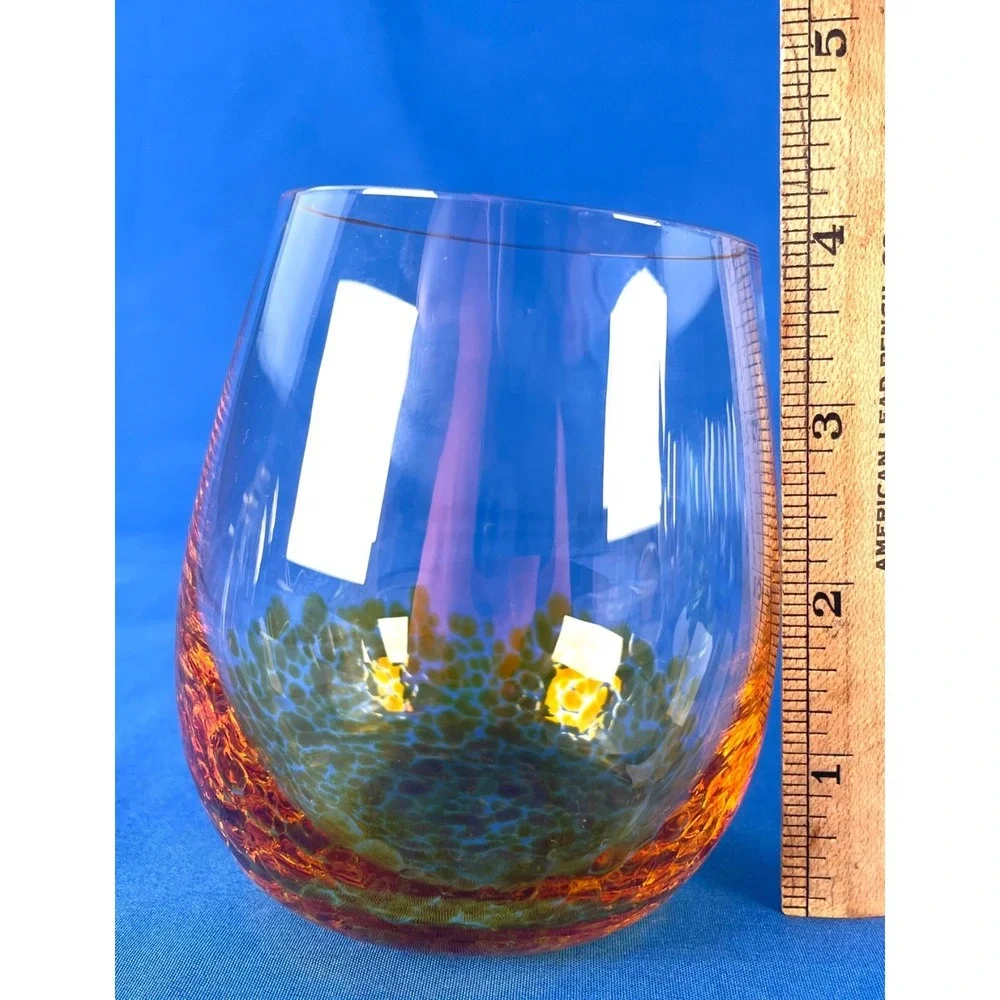 Art Glass Stemless Wine Glasses Set 8 Multicolor‎ Hand Blown Style 13 Oz